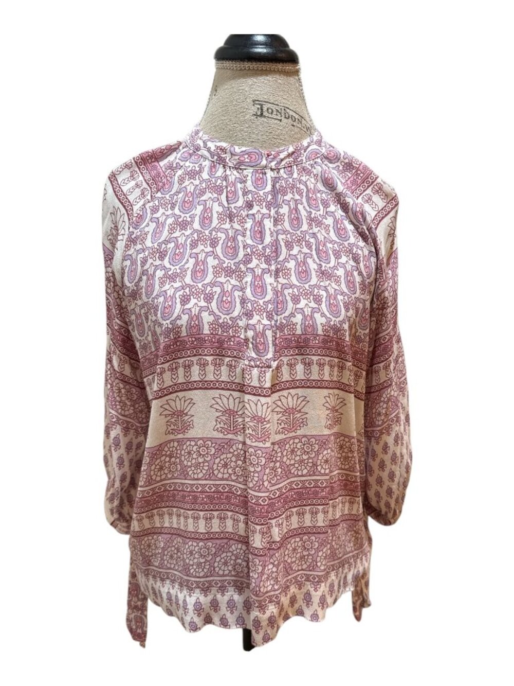 Repeat Sz S Pink, Ivory & Periwinkle Blue Floral Boho 3/4 Tie Sleeve Top